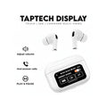 White wireless earbuds with a charging case featuring a digital display, labeled 'Taptech Display'.