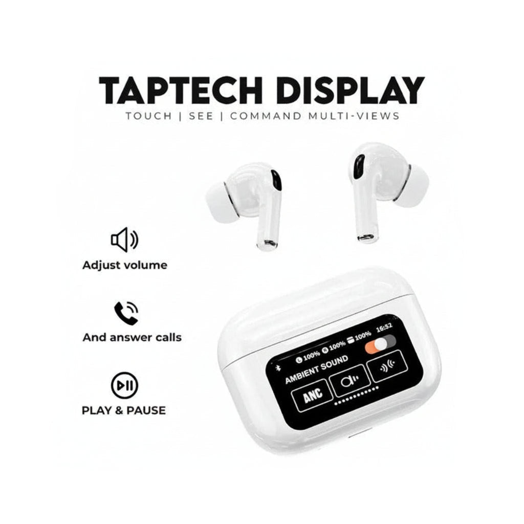White wireless earbuds with a charging case featuring a digital display, labeled 'Taptech Display'.