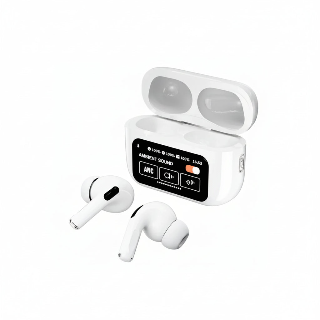 White wireless earbuds with charging case on a white background