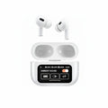 White wireless earbuds with charging case on a white background, featuring text about noise reduction and touch screen functions.