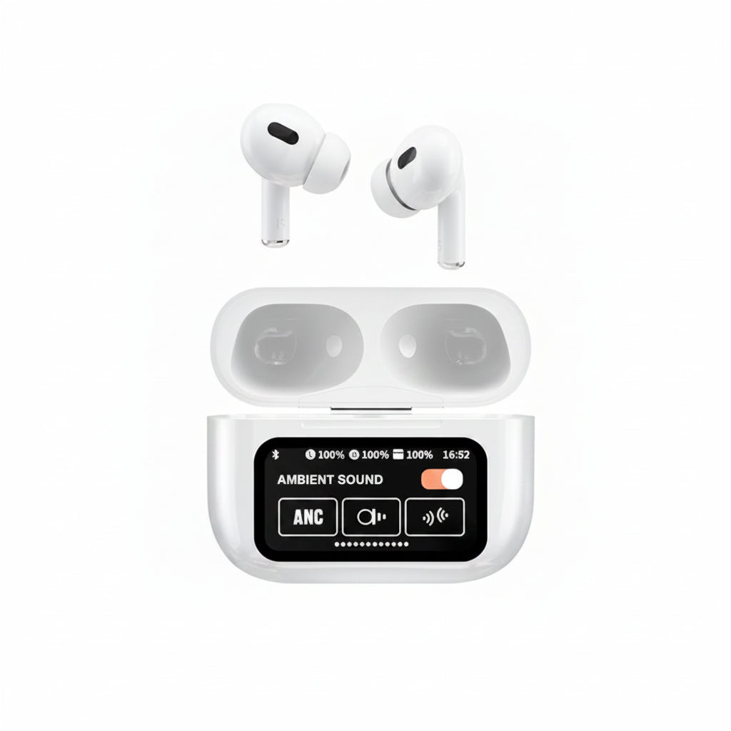White wireless earbuds with charging case on a white background, featuring text about noise reduction and touch screen functions.
