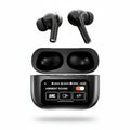 Black wireless earbuds with charging case on a white background