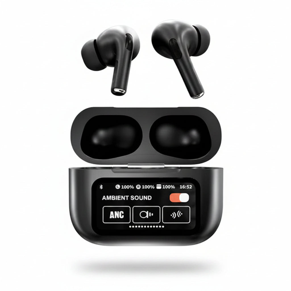 Black wireless earbuds with charging case on a white background