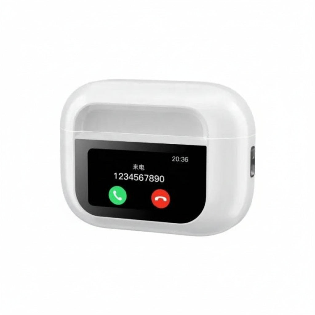 White electronic device with a screen displaying phone call interface on a white background