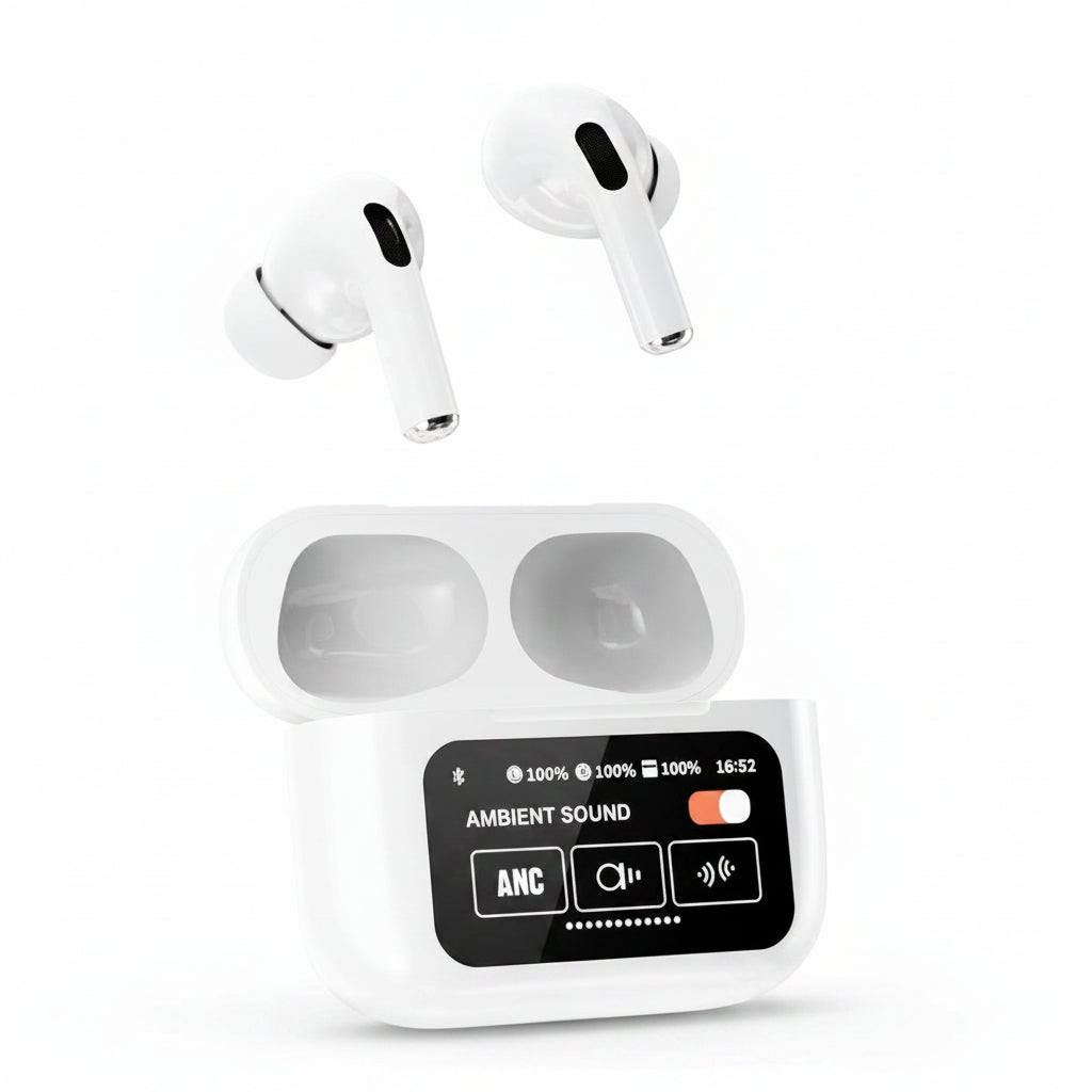 White wireless earbuds with charging case on a white background