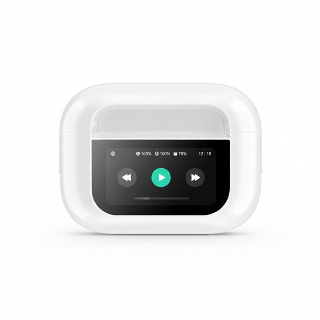 White electronic device with a screen displaying controls on a white background