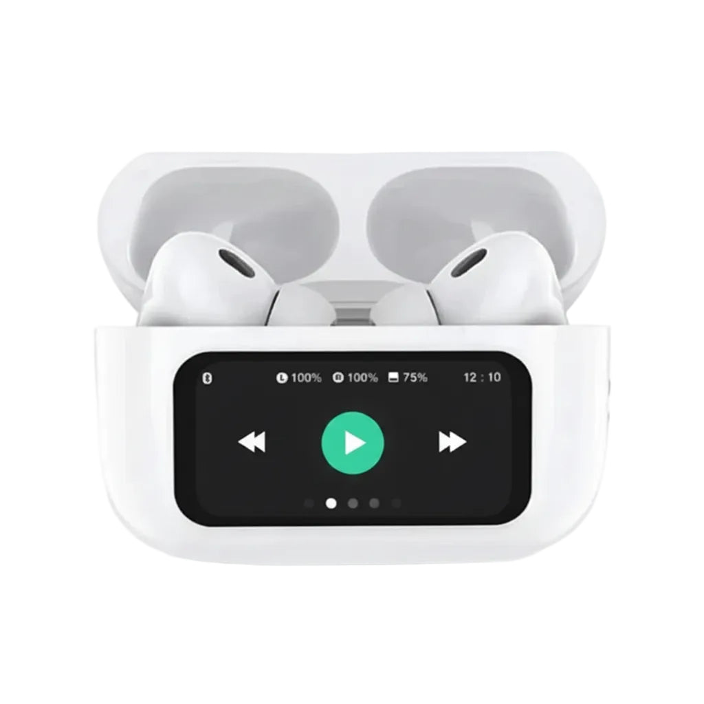 Wireless earbuds in a charging case with a display screen on a white background