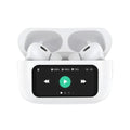 Wireless earbuds in a charging case with a display screen on a white background