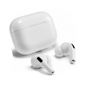 White wireless earbuds with charging case on a white background