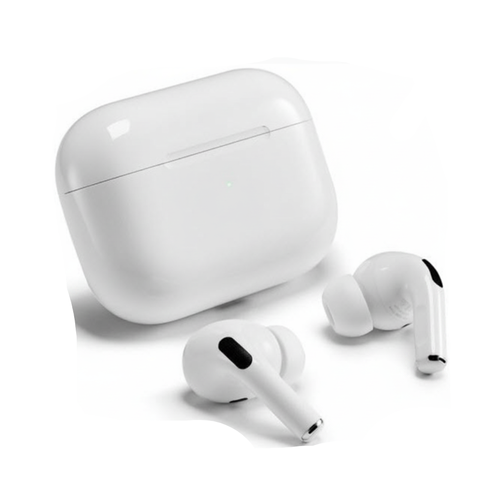 White wireless earbuds with charging case on a white background