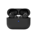 Black wireless earbuds in a charging case on a white background