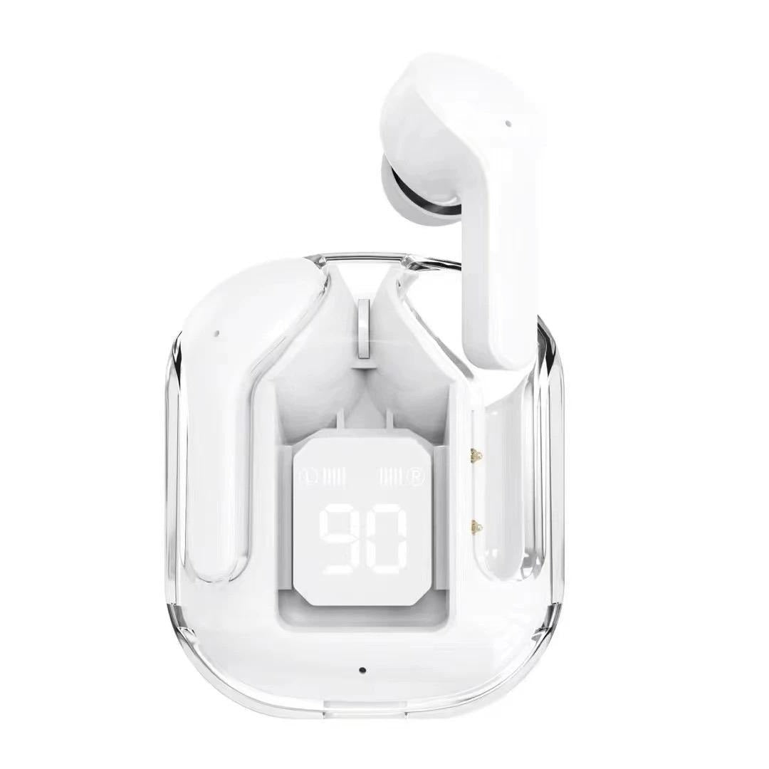 Wireless earbuds with charging case on a white background