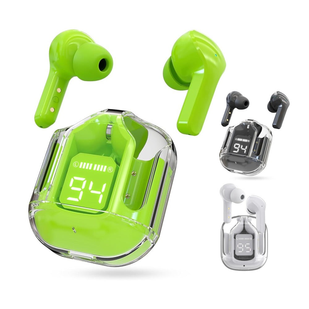 Green wireless earbuds with charging case on a white background