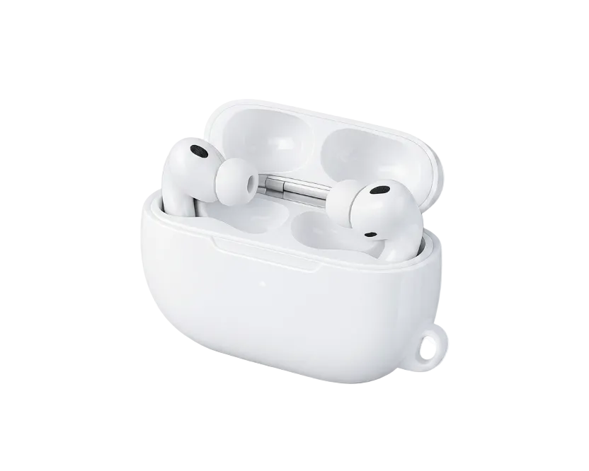 White wireless earbuds in their charging case on a light gray surface