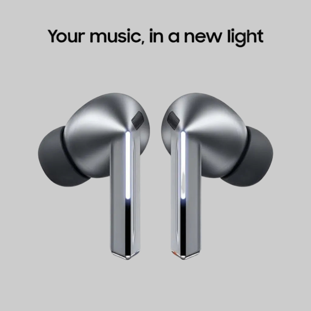Wireless earbuds with metallic finish on a white background and text 'Your music, in a new light'.