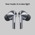 Wireless earbuds with metallic finish on a white background and text 'Your music, in a new light'.