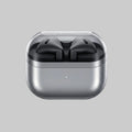 Wireless earbuds with metallic finish on a white background and text 'Your music, in a new light'.
