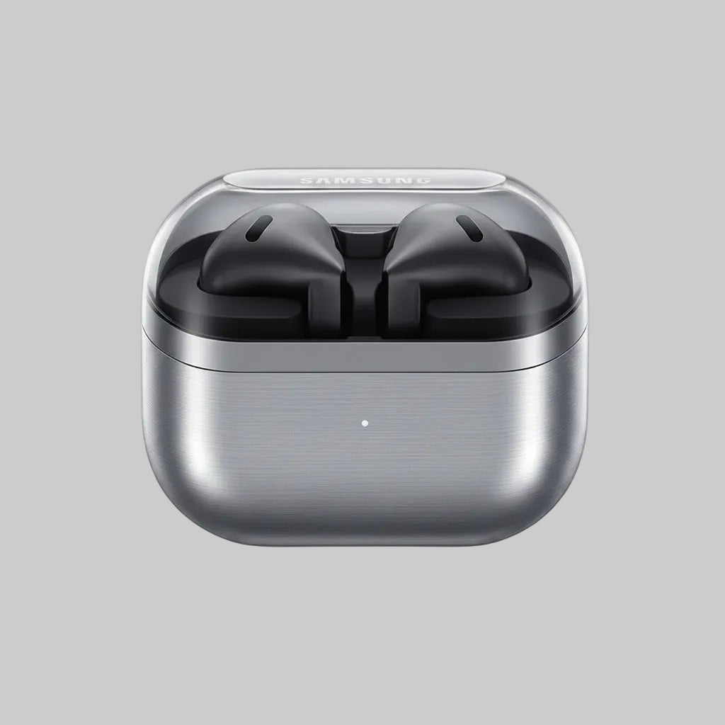 Wireless earbuds with metallic finish on a white background and text 'Your music, in a new light'.