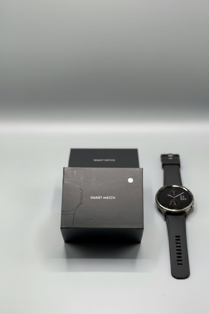 Black smart watch box on a gray background
