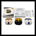 Three wireless earbuds in different colors with their packaging on a white background