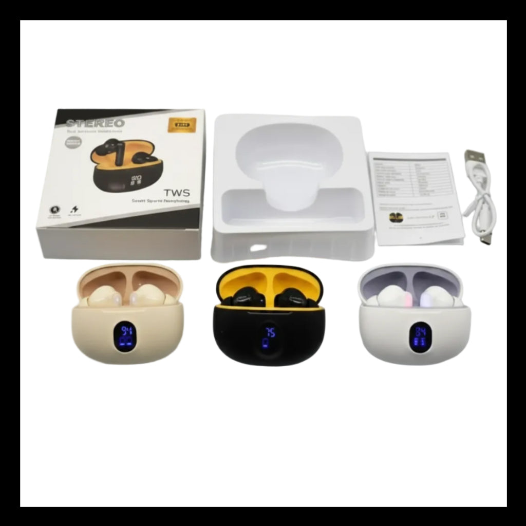 Three wireless earbuds in different colors with their packaging on a white background