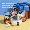 Three wireless earbuds in different colors with their packaging on a white background