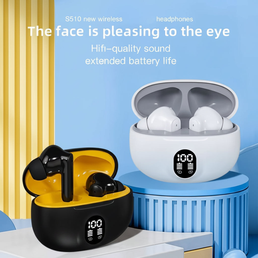 Wireless earbuds with charging case on a blue background