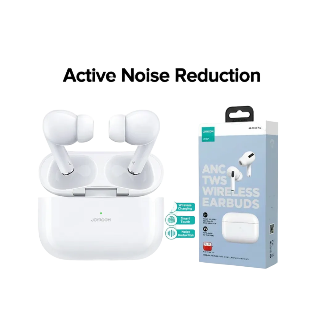 White wireless earbuds with charging case and JOYOON packaging on a white background